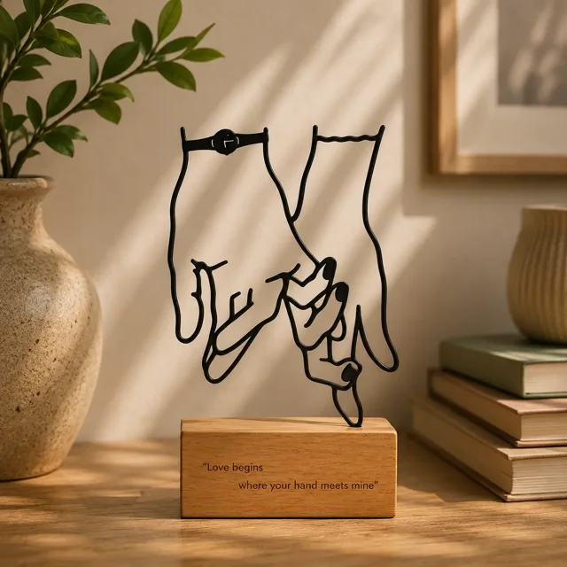 تندیس فلزی یار با طراحی دستان در هم گره‌خورده و پایه چوبی، مناسب به عنوان نشانک کتاب و دکوری رومیزی